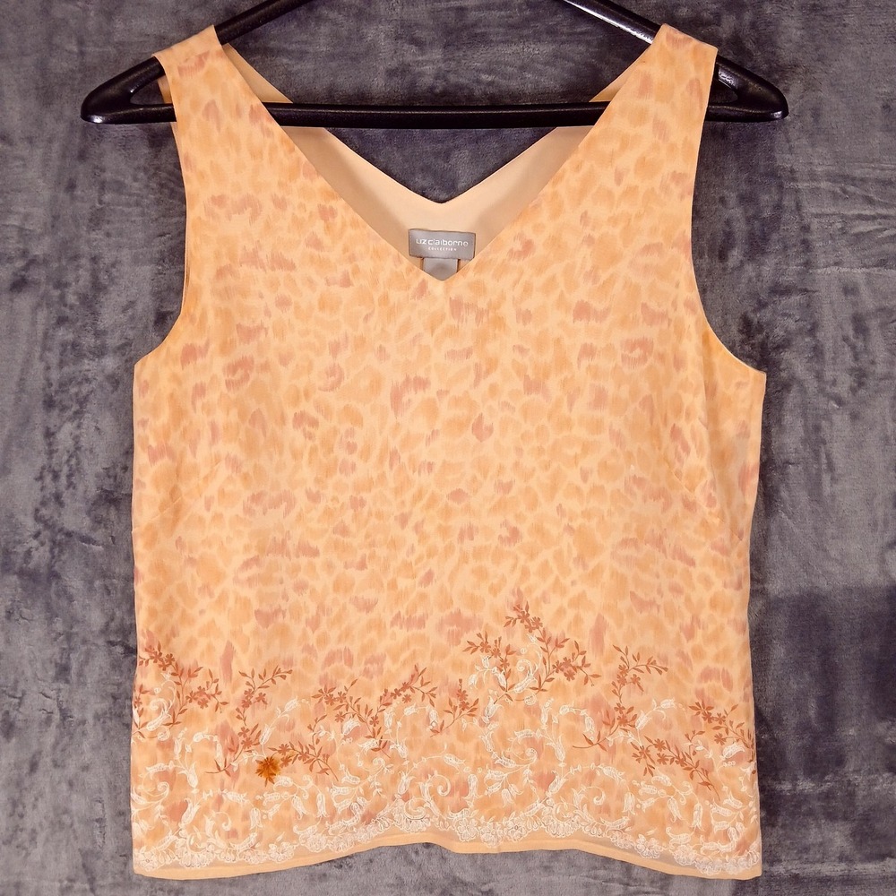 Liz Claiborne Blouse Womens 12 Peach Silk Sleeveless V Neck Embroidered Hem‎